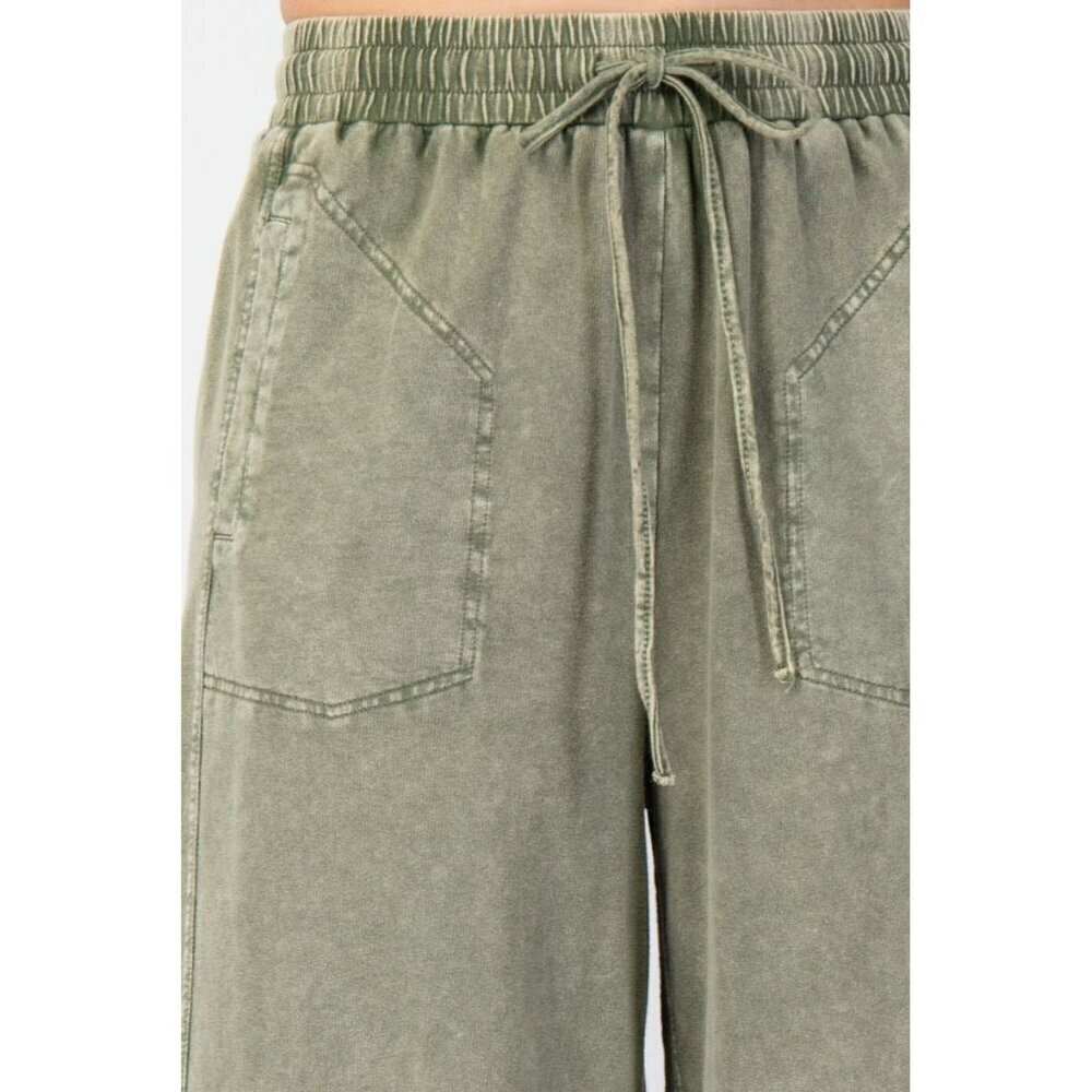 Cozy On The Go Mineral Washed Terry Knit Pants in Faded Olive - Picture 4 of 5